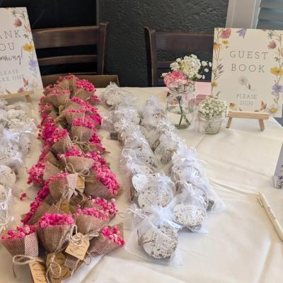 Table decorated with party favors.