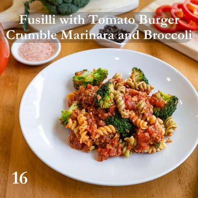 Fusilli with Tomato Burger Crumble Marinara and Broccoli