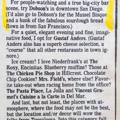 A newspaper interview with a highlighted recommendation for Mussel Bisque at Dobson's