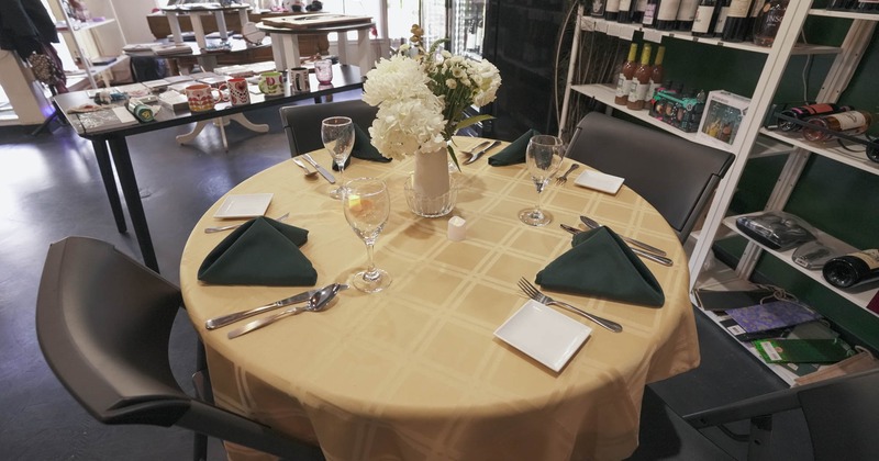 Interior, round table with chairs ready for guests