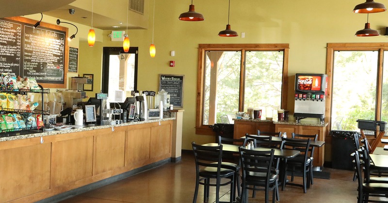 Restaurant interior, dining tables and order counter
