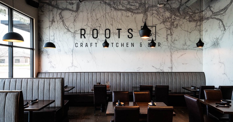 Interior, long seating bench near wall in dining area