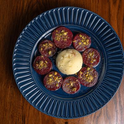 Roasted beets, with pistachio and garlic spread.