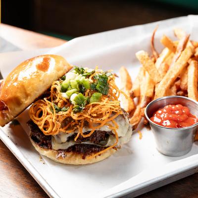 The Underdog burger served with fries.