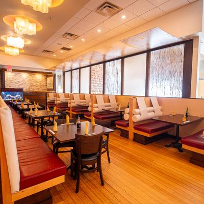 Interior, restaurant booths and tables.