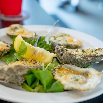 Oysters on the half shell, served.