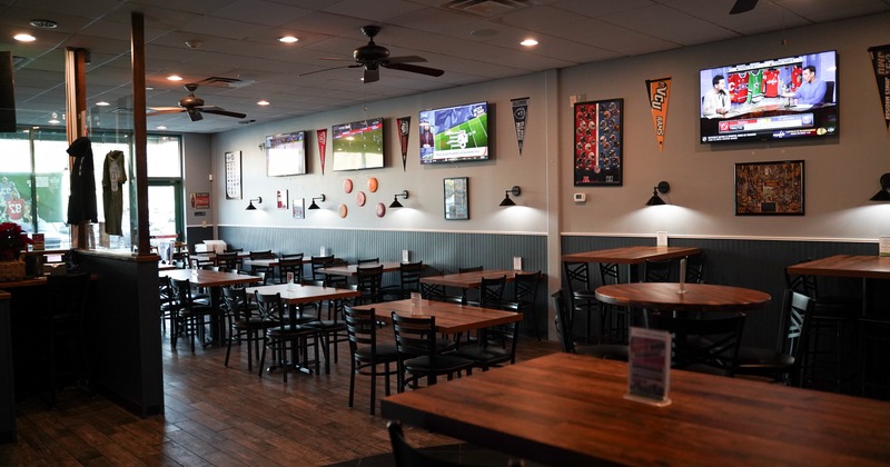 Diner area, tables, chairs, wide view