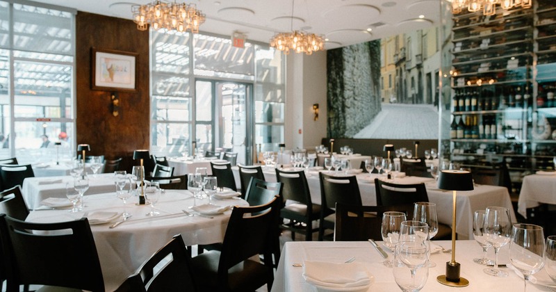 Interior, tables and chairs in dining area