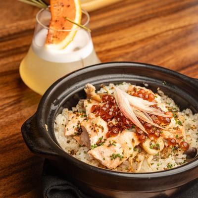 Japanese koshihikari rice with roasted Scottish salmon, and Grapefruit Whiskey Sour.