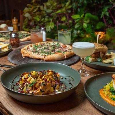 Various served meals and drinks.