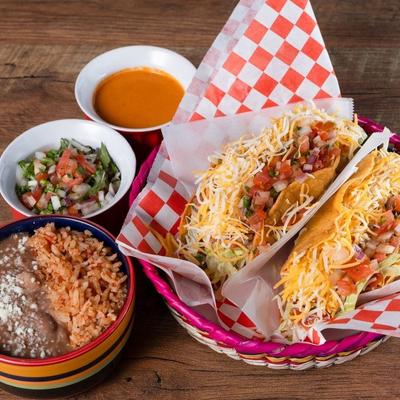 2 tacos, beans and rice, pico, salsa.