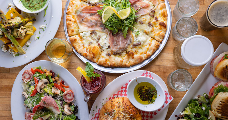 Various dishes and drinks served, top view