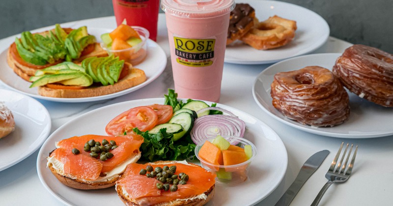 Lox Bagel, Rose Avocado Toast, donuts, pink smoothy