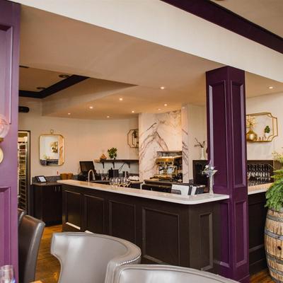 Elegant bar area with wood paneling and a marble counter.