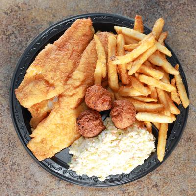 Fried flounder fillet, with fries, hushpuppies, and coleslaw.
