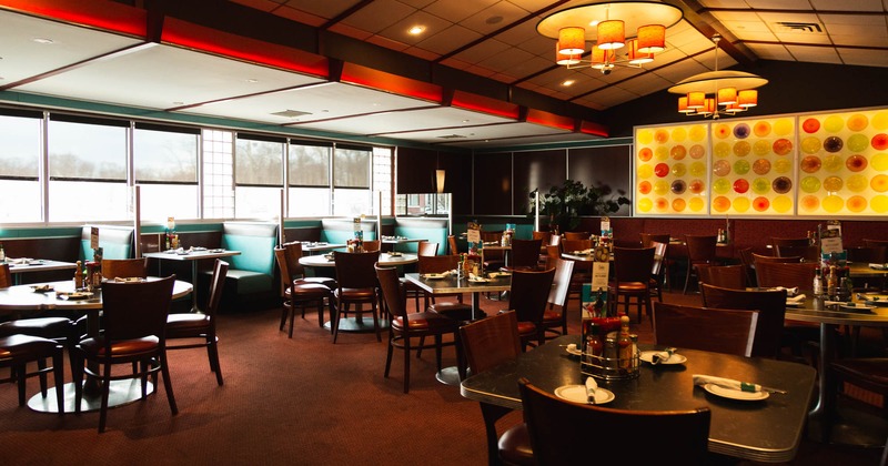 Interior, dining tables and booths ready for guests