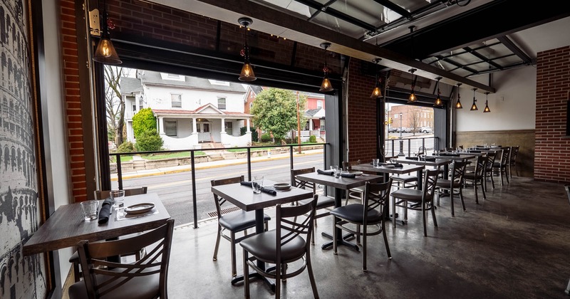 Interior, seating area, tables and chairs for two