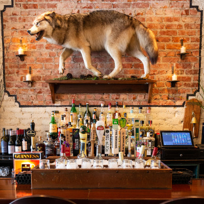 Beer taps and liquor bottles and a coyote decoration