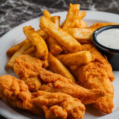 Hand battered chicken strips.