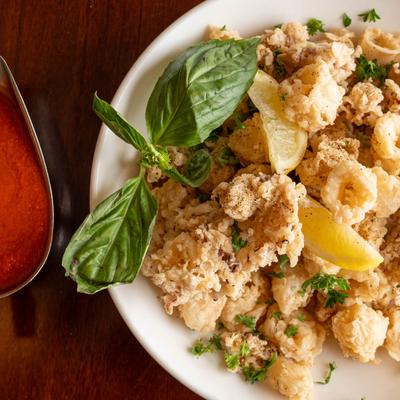 Fried calamari, closeup.