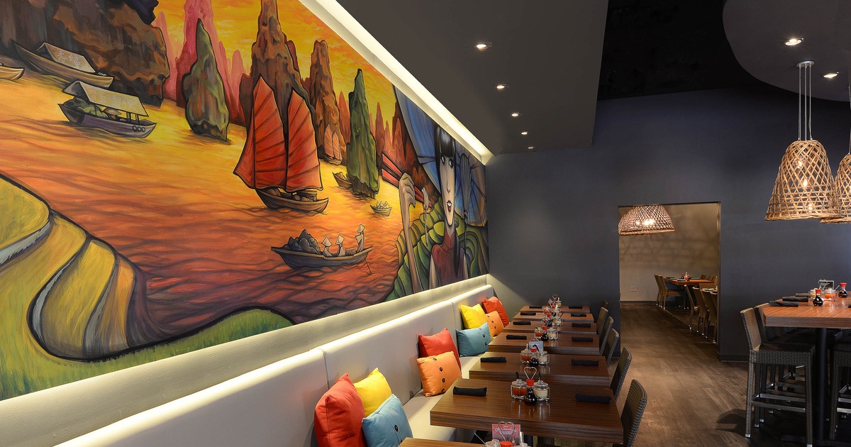 Dining area with a large colorful wall mural