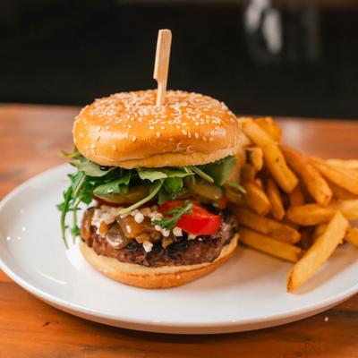 Lamb burger and fries.
