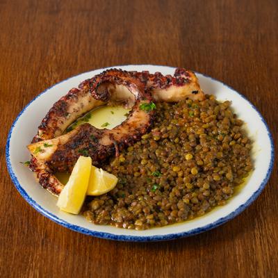Grilled Octopus and curried lentils.
