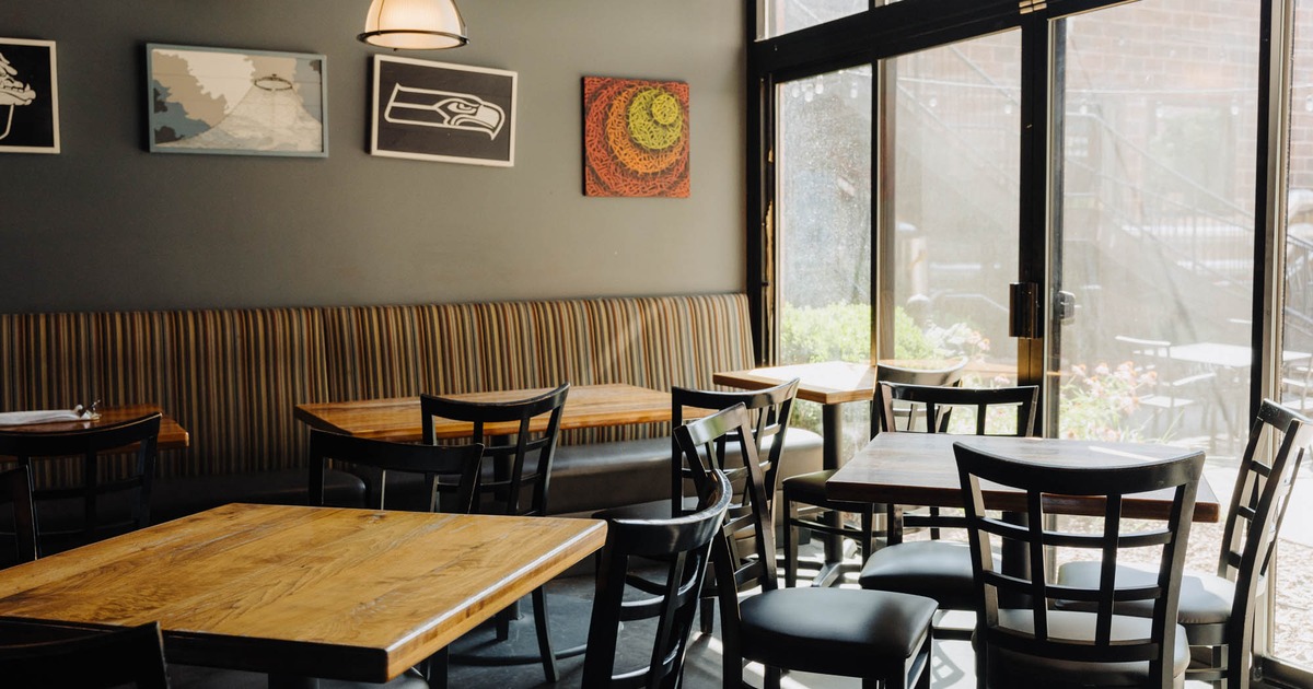 Interior, banquette seating, tables and chairs