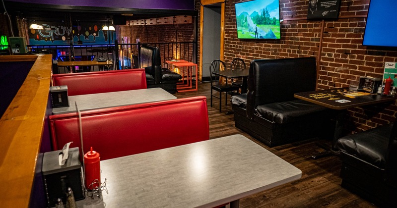 Interior, tables and leather benches