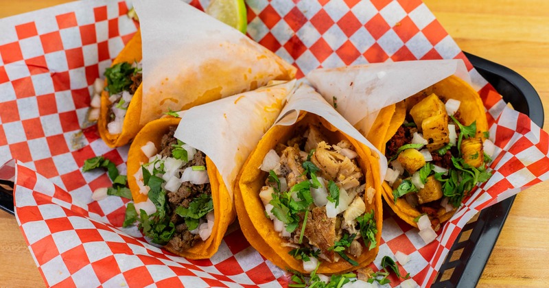 Various tacos on display