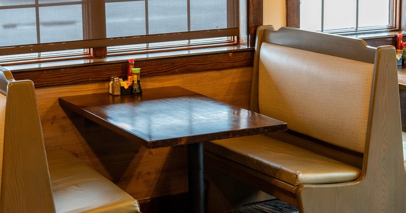 Interior space, upholstered dining booth close-up