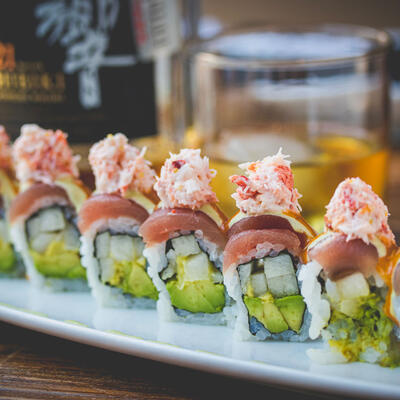 Sushi lined up, closeup