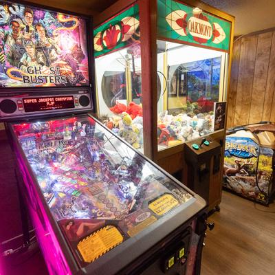 Gaming area, a Pinball and claw machine.