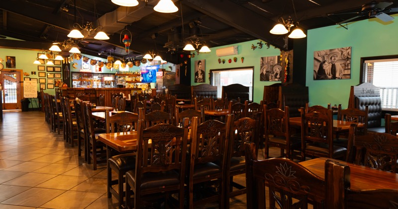 Dining space, tables ready for guests