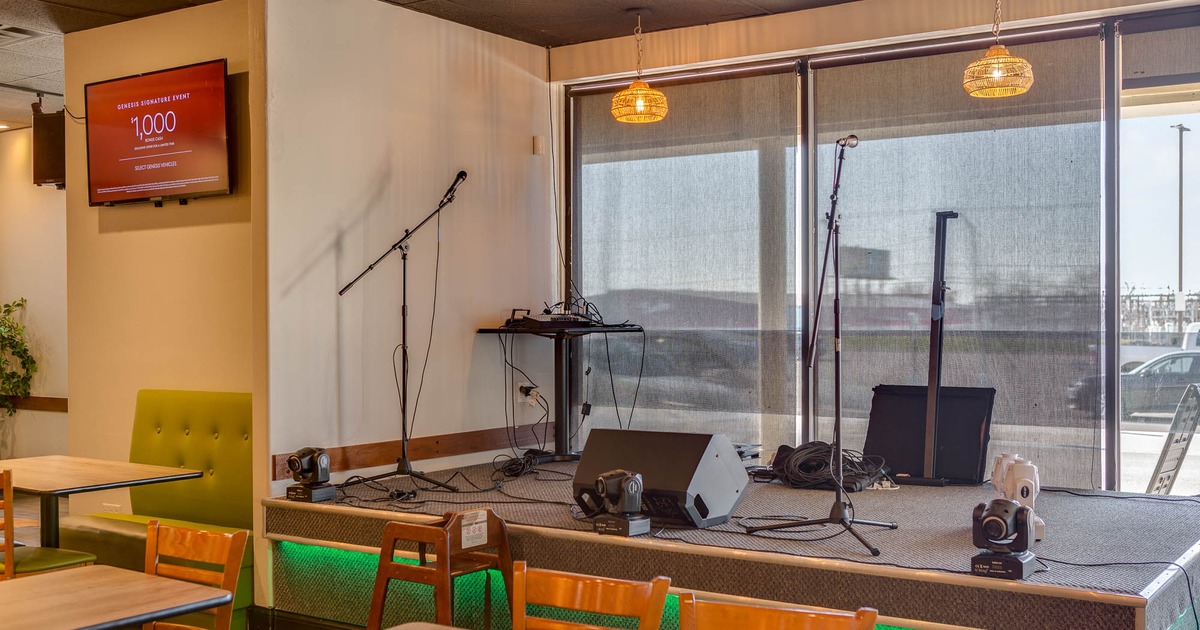 Interior, stage with windows in the back