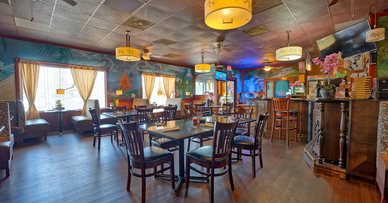 Interior, dining tables and booths