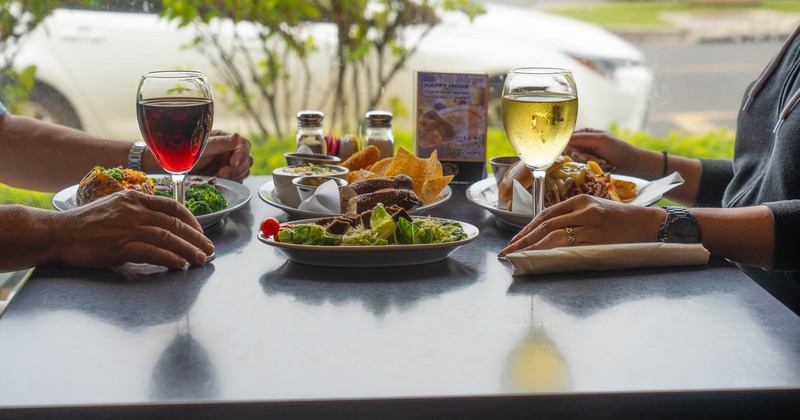 Diner table with food and wine