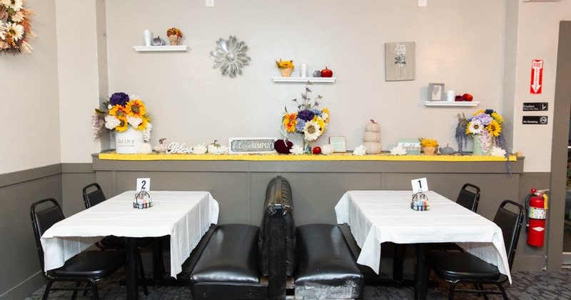 Interior, tables and flower decoration