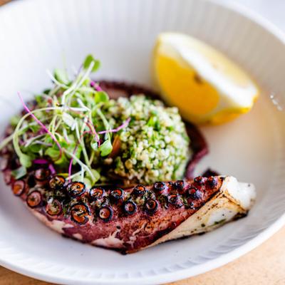 Grilled octopus served with quinoa salad, micro greens, and a lemon wedge, close up.