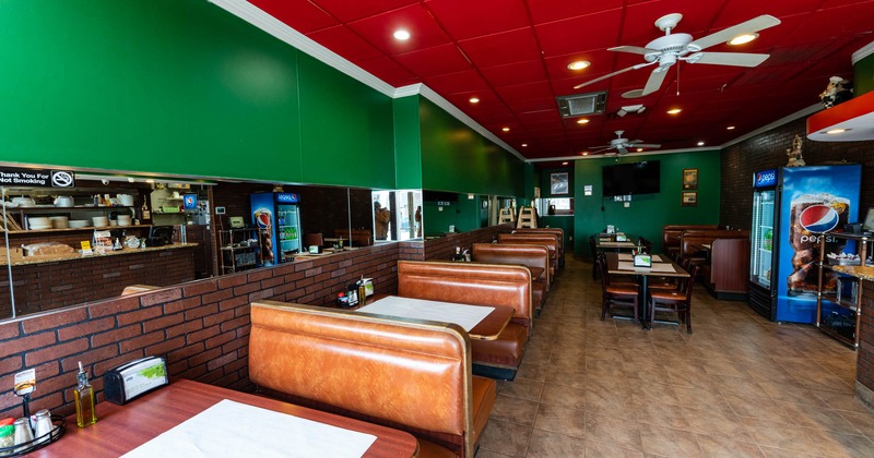 Interior, tables, chairs and leather benches