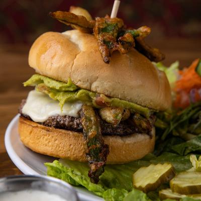 A served Curly Bill Burger, closeup