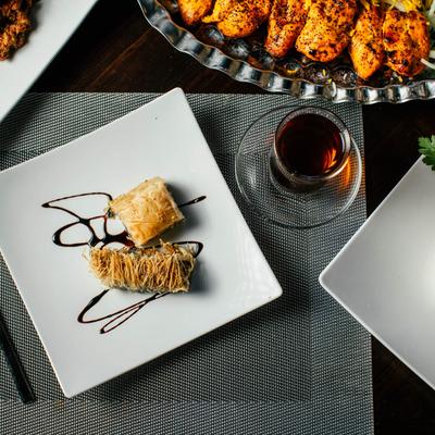 Grilled chicken and baklava.