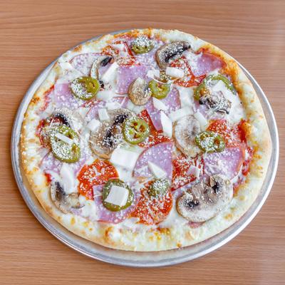 Pizza with Canadian bacon, pepperoni, mushrooms, onion, jalapeno, parmesan, and red sauce.