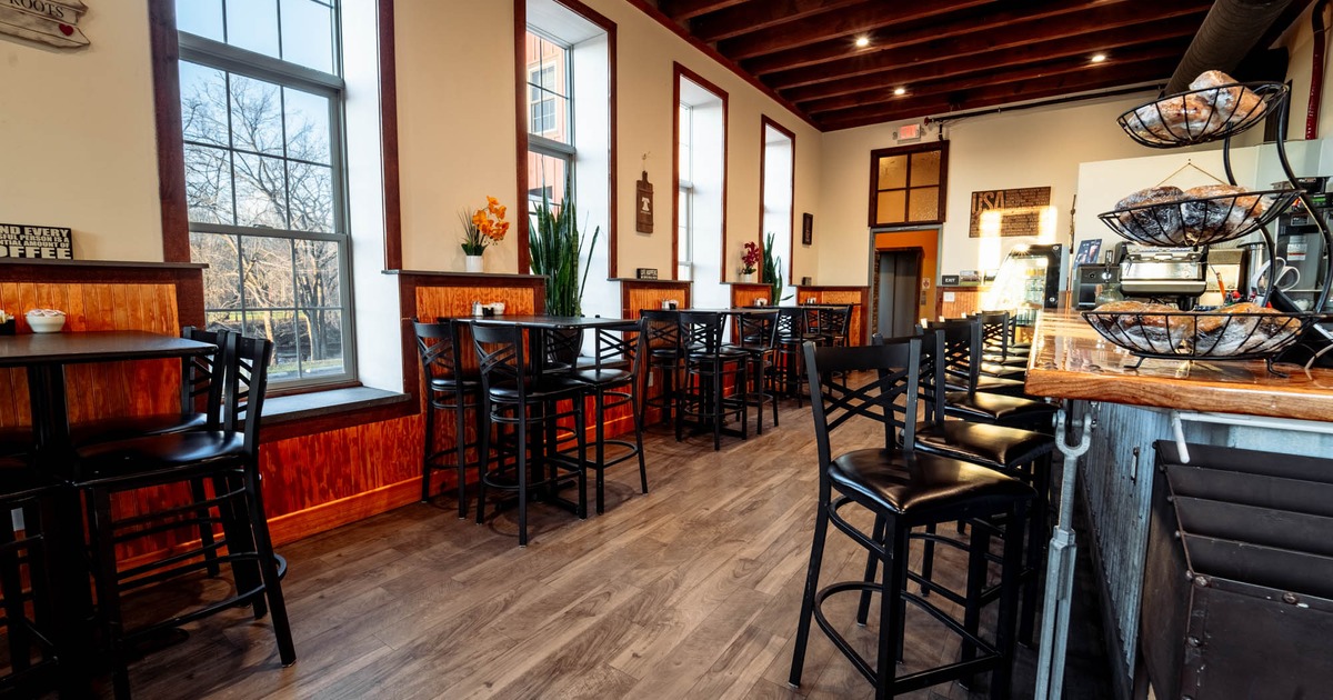 Interior, seating area on the left, bar area on the right