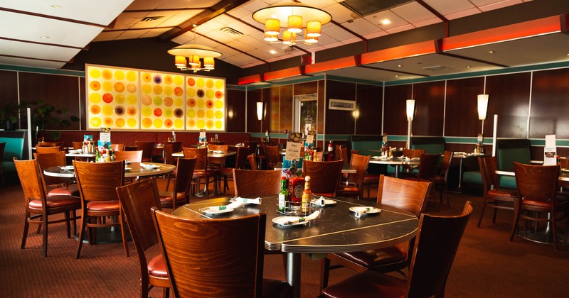 Interior, dining tables, chairs and booths