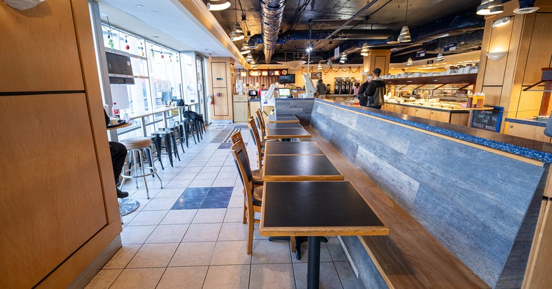 Interior space, seating area, lined up tables