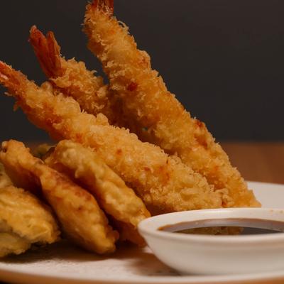 Shrimp and Veggie tempura, close up.