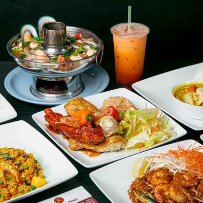 Assortment of dishes displayed on a table.