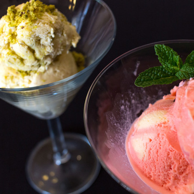 Two ice cream desserts, extreme closeup