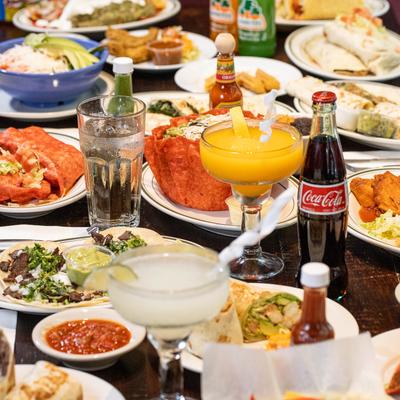 Served food and drinks on the table.